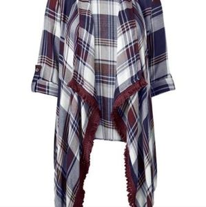Plaid and fringe cardigan